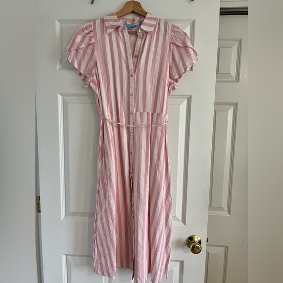 Draper James Striped Button Down Linen Midi Dress with Tie Waist - Picture 2 of 13